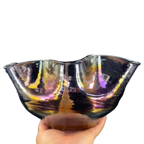 Hand Blown Chrome Iridescent Purple Art Glass Bowl Dish Ruffled Edge Large Bowl - Picture 1 of 16